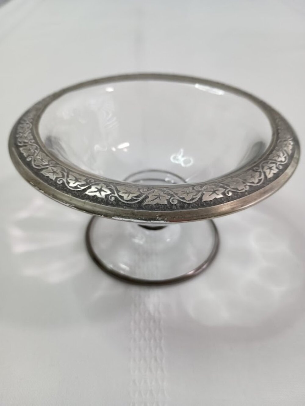 Small Vintage Glass Dessert Bowl with Silver Plated Rim on a Pedestal